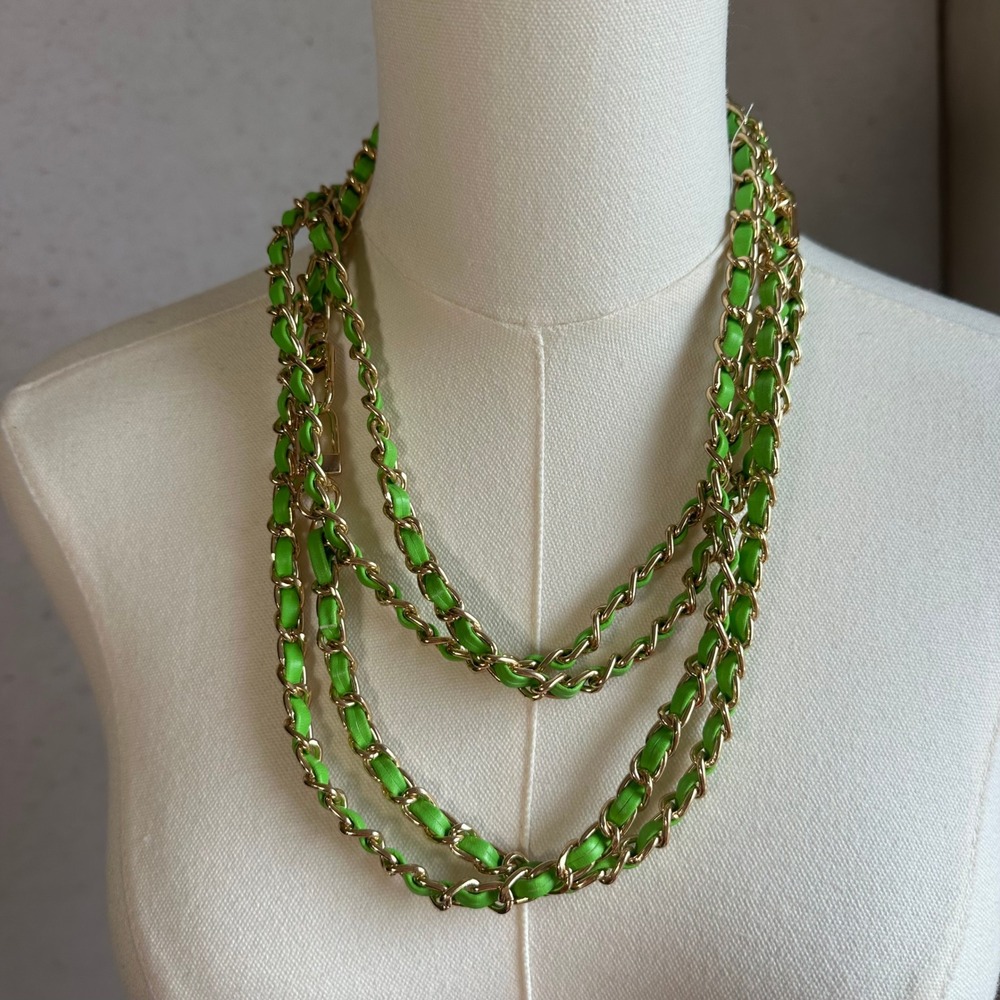 Neon Green Woven Gold Chain Multi-Way Long Necklace Bag Strap 54‎ Inch